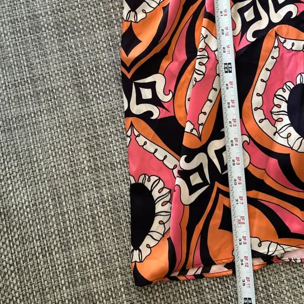 ZARA NWT Matte Satin Tribal Geo Print Pink Brown Faux Wrap Midi Skirt XS